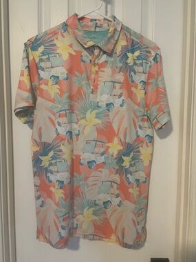 Woman's  Coral Tropical Golf Polo with Golf Cart Print